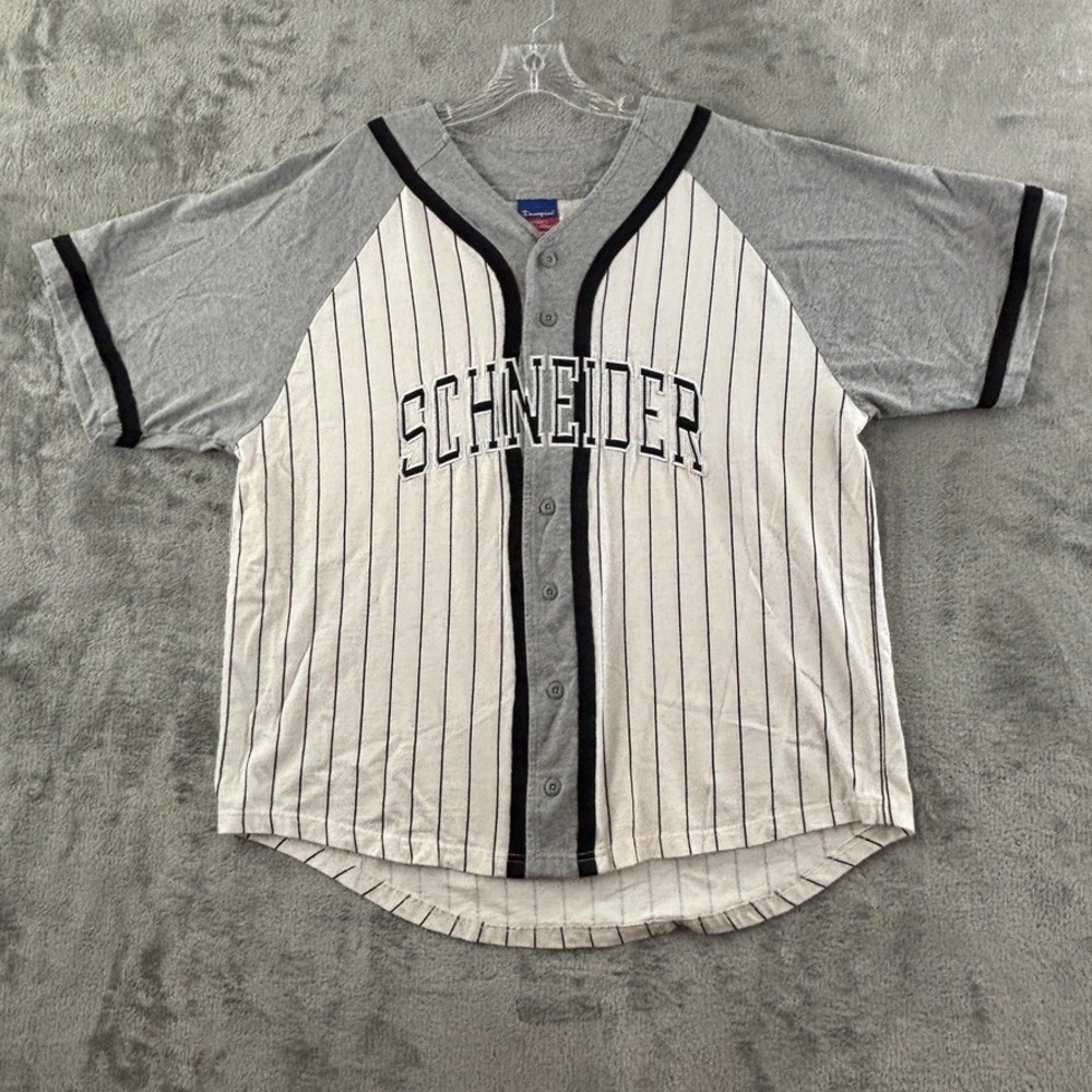 Vintage Champion Schneider Baseball Jersey Button Black White Pinstripe Gray